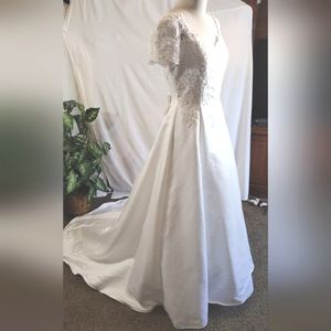 Golden embellished white satin wedding dress & train: 8, pearls, lace, A-Line